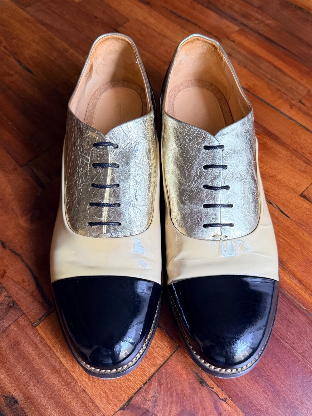 Women’s Two-Tone Cap-Toe Loafers in Black, Cream & Gold